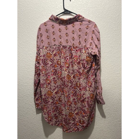 Knox Rose Top Women Large Pink Woodland Florals Button Up Linen Blend Asymmetric - Picture 2 of 7